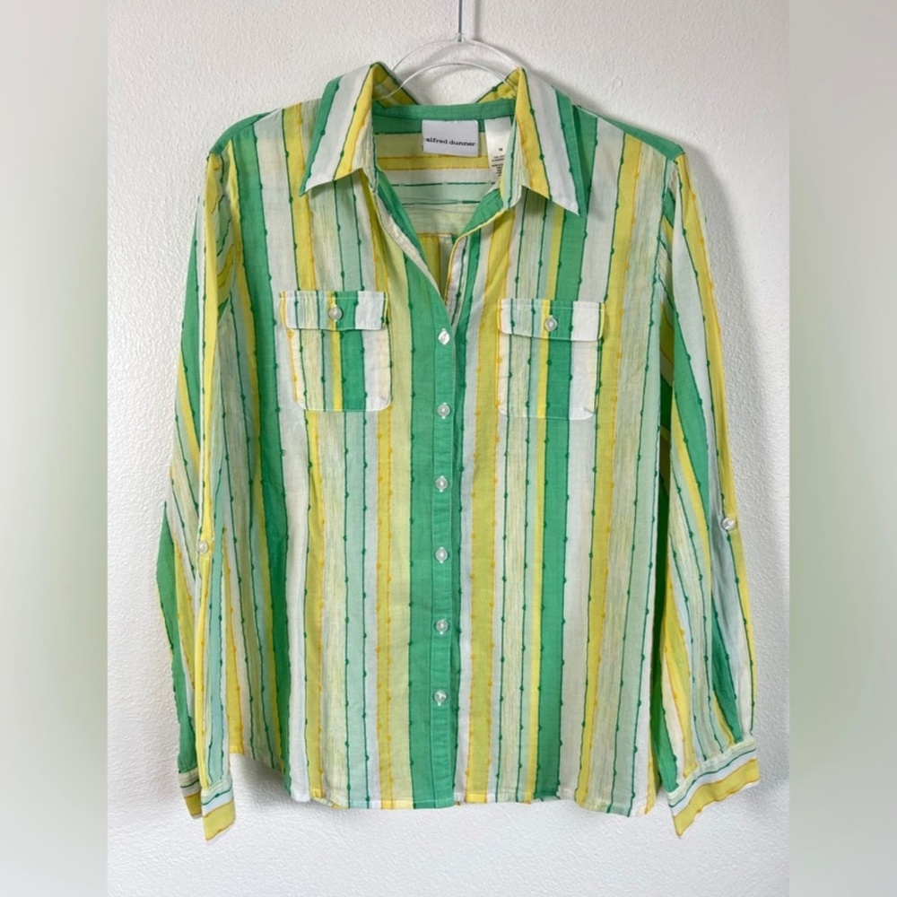 Alfred Dunner Roll Tab Long Sleeve Stripe Semi-Sheer Green Yellow Blouse Size 16